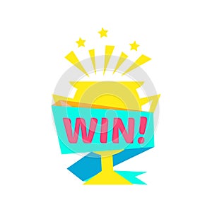 Win Congratulations Sticker With Golden Cup Design Template For Video Game Winning Finale