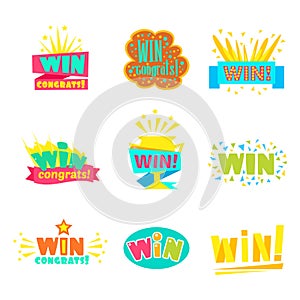 Win Congratulations Stickers Collection Of Comic Designs For Video Game Winning Finale