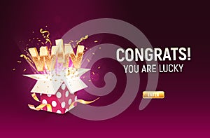 Win gold sign take off from open textured purple gift box on dark background. Gambling vector banner. Jackpot illustration