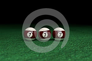 Win, Number Seven, Three Billiard Balls on Green Felt