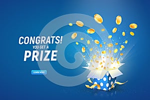 Win prize. Online casino gambling game vector illustration advertising. Open textured gift box with coins explosion out