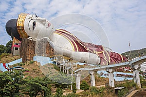 Win Sein Taw Ya, the largest Reclining Buddha image in the world, in Kyauktalon Taung, near Mawlamyine, Myanmar