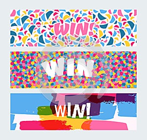 Win sign with bright confetti, watercolor brush strokes set of banners vector illustration. Congratulations winner in