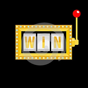 Win text. Slot machine. Golden glowing lamp light. Red handle lever. Online casino, gambling club sign symbol. Flat design. Black