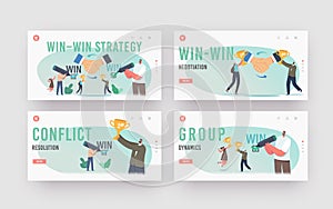 Win Win Strategy Solution Landing Page Template Set. Business Partners Characters Agreement, Partnership, Deal