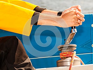 Winch capstan with rope on sailing boat.