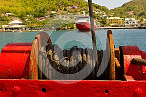 The winch for a ferry's ramp in the windward islands