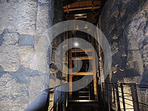 Winch reproduction inside Colosseum Rome interior view at night