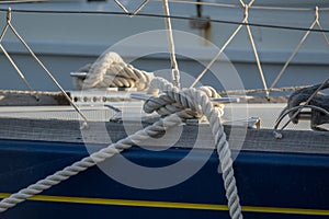 winch rope cleat details on a sail boat at sea