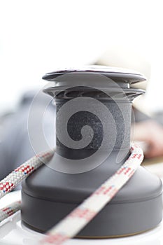 Winch windlass with halyard and sheet rope on sail boat