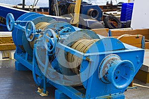 Winches on the deck of trawler in Portavogie harbour in the Ards Peninsula in County Down, Northern Ireland