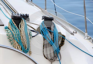 The winches and ropes of a sailboat, detail