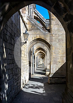 Winchester Cathedral,passage through flying buttresses,Winchester,Hampsire,United Kingdom