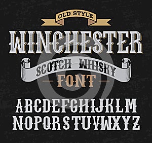 Winchester label font whith decoration design. Old style.