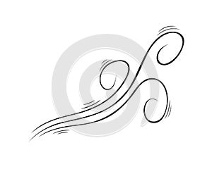 Wind blow icon in doodle style. Hand drawn pictogram of wave, air flow or gust. Curved ornament sketch isolated on white