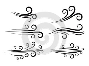 Wind blow icon set. Windy weather swirl vector shape. Silhouette of speed blowing air isolated on white. Breeze wave abstract