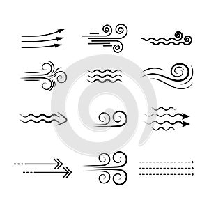 Wind blowing linear icons set, black silhouette icons smell swirling air or fog. Vector elements isolate