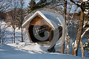 Wind Blowing Snow Around Covered Bridge