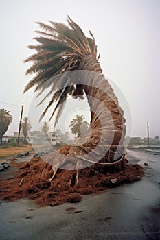 wind-blown palm trees bending during hurricane