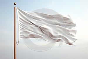 Wind blown white flag on flagpole, closeup view, isolated on white background