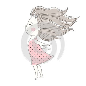 Wind blows hair of cute girl