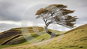 Wind carved tree on hillside epitomizes the essence of untouched natural wilderness