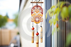 wind chime with carved oriental patterns on bamboo slats