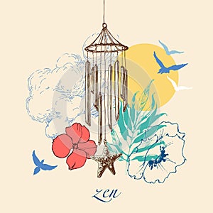 Wind chimes over the sky background.
