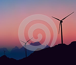 The Wind Driven Power Generators Under The Sunset