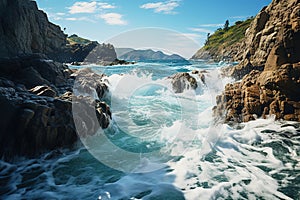 wind-driven waves crash against the jagged coral shore and shatter into a high, splashing fan. Generative AI