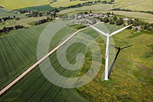 Wind energy. Aerial view of wind turbine. Wind power, sustainable and renewable energy