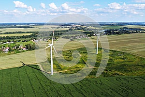 Wind energy. Aerial view of wind turbine. Wind power, sustainable and renewable energy