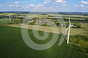 Wind energy. Aerial view of wind turbine. Wind power, sustainable and renewable energy