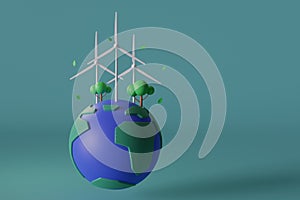Wind energy concept :Earth model with turbine, tree symbol on blue background. 3d illustration