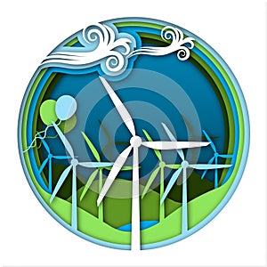 Wind energy concept with wind generator turbines and ballooons on green and blue landscape background.