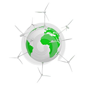 Wind Energy Concept. globe and wind generators