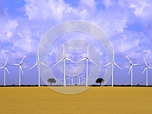 Wind energy field with wind turbines.