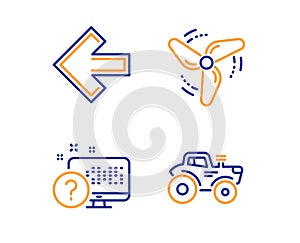 Wind energy, Left arrow and Online quiz icons set. Tractor sign. Ventilator, Direction arrow, Web support. Vector