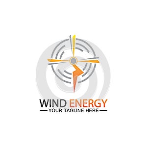 Wind energy logo. renewable energy icon with wind turbines and thunder bolt isolated on white background