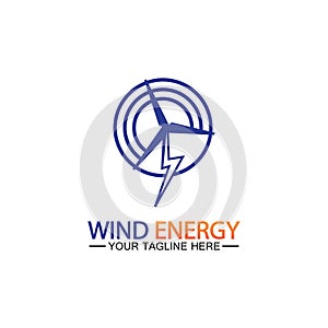 Wind energy logo. renewable energy icon with wind turbines and thunder bolt isolated on white background