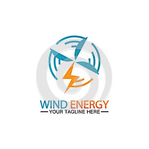 Wind energy logo. renewable energy icon with wind turbines and thunder bolt isolated on white background