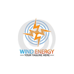 Wind energy logo. renewable energy icon with wind turbines and thunder bolt isolated on white background