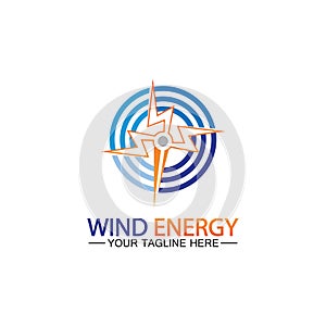 Wind energy logo. renewable energy icon with wind turbines and thunder bolt isolated on white background