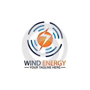 Wind energy logo. renewable energy icon with wind turbines and thunder bolt isolated on white background