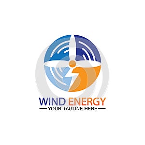 Wind energy logo. renewable energy icon with wind turbines and thunder bolt isolated on white background