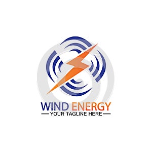 Wind energy logo. renewable energy icon with wind turbines and thunder bolt isolated on white background