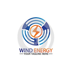 Wind energy logo. renewable energy icon with wind turbines and thunder bolt isolated on white background