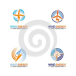 Wind energy logo. renewable energy icon with wind turbines and thunder bolt isolated on white background