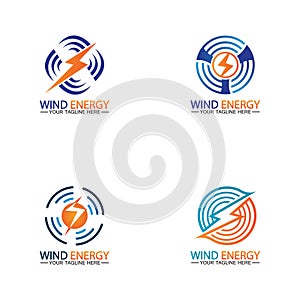 Wind energy logo. renewable energy icon with wind turbines and thunder bolt isolated on white background