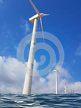 Wind-energy sea water park wind generators blue sky and clouds